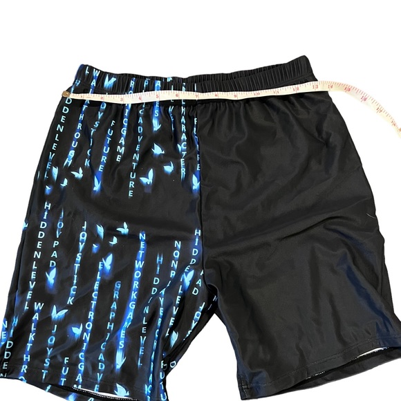 Blue Black Colorblock Matrix Futuristic Asymmetrical Crop Top & Biker Shorts Set - Picture 11 of 15